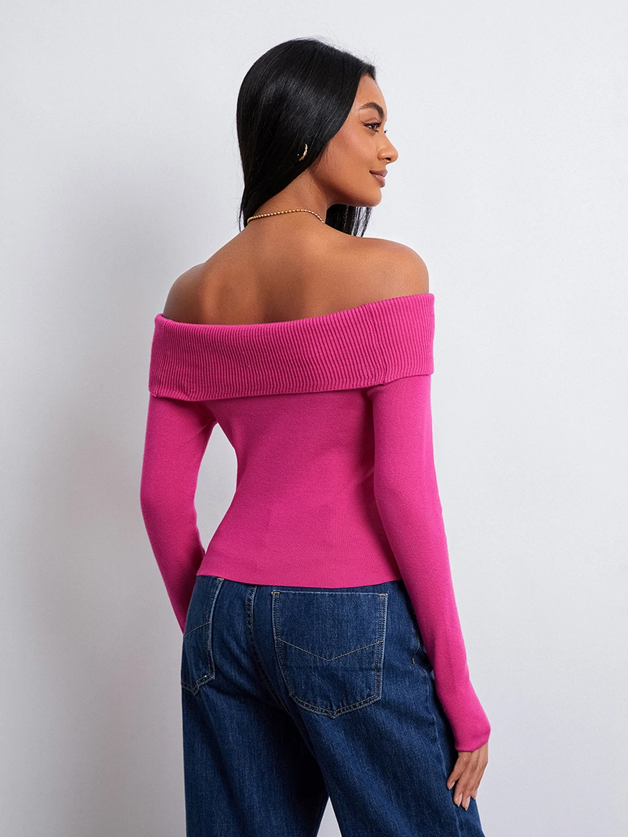 Women Off Shoulder Fold Over Long Sleeve Sweater Pullover Tops Casual Sexy Knit Slim Crop Tee Shirts Ribbed Blouse Tops