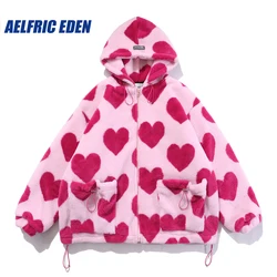 Vintage Heart Pattern Oversize Sherpa Coat Women Parka Flannel Sherpa Jacket Streetwear Casual Zipper Hooded Jacket Winter Top