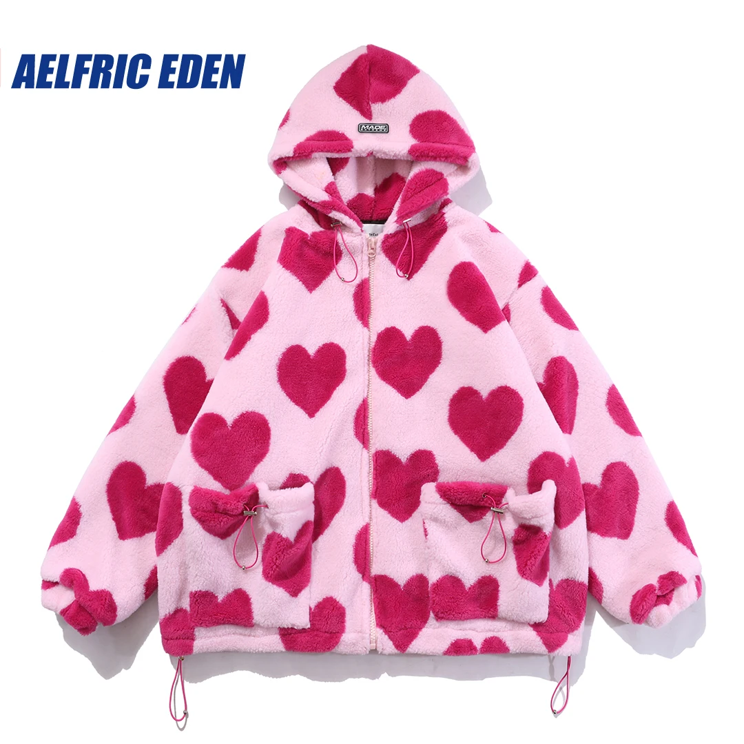 Vintage Heart Pattern Oversize Sherpa Coat Women Parka Flannel Sherpa Jacket Streetwear Casual Zipper Hooded Jacket Winter Top