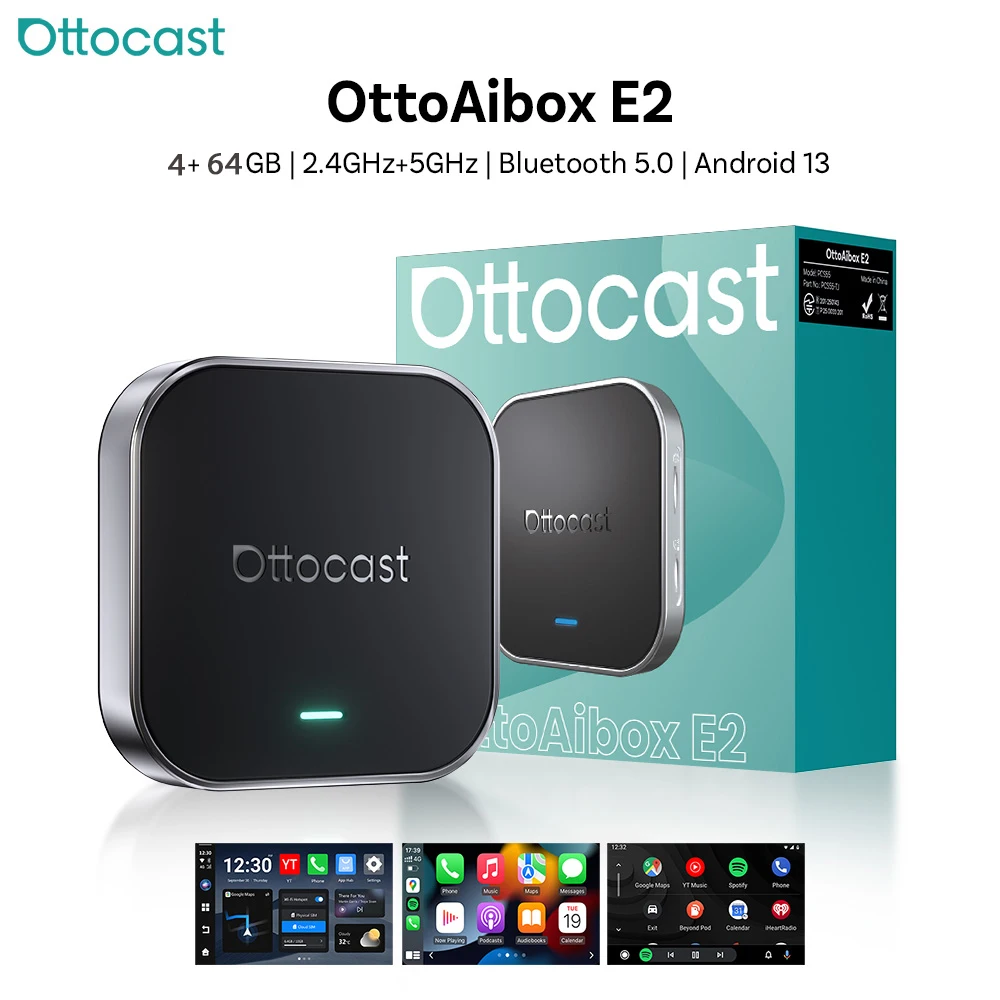 Ottocast E2 Smart AI Box 3IN1 4+64G Wireless CarPlay & Android Auto Adapter Android13 Car Multimedia System Vehicles Plug & Play