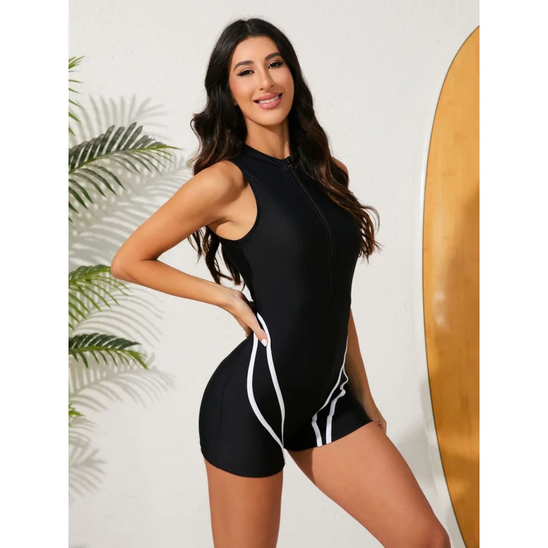 Sleeveless one-piece zipper swimsuit for women, sports surfing swimsuit, sun protection surfing suit, boxer-style jellyfish suit