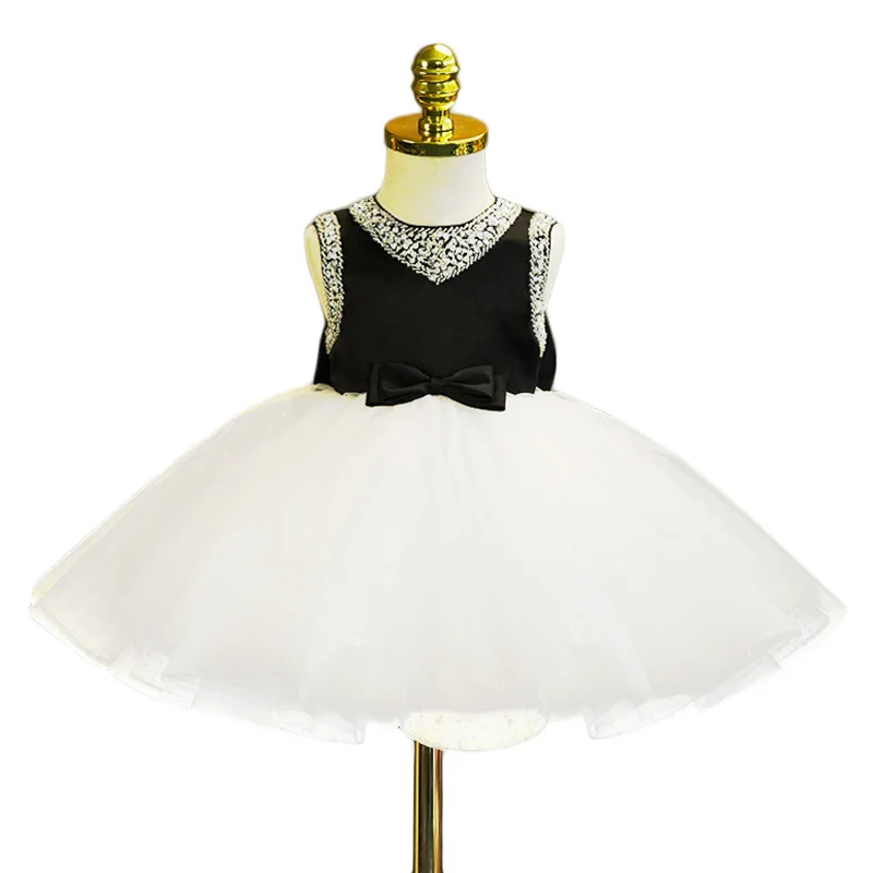 Vestido de Organza escalonado para niña, vestido blanco y negro de flores para fiesta de boda, vestido de princesa de primer cumpleaños para niñas de 1 a 14 años