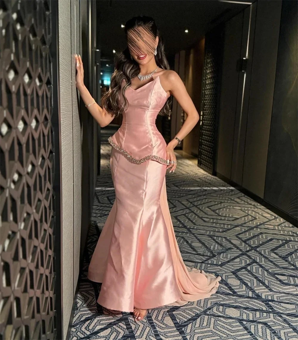 

Pink Beaded Formal Long Bespoke Occasion Gown Evening Dresses Pastrol Unisex Jersey Retro Dubai Saudi Arabic Prom Customized
