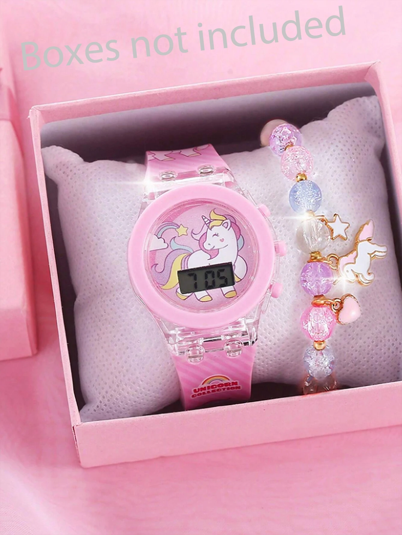 2PCS pink Unicorn silicone children's electronic watch and acrylic unicorn beaded bracelet set as a gift for children