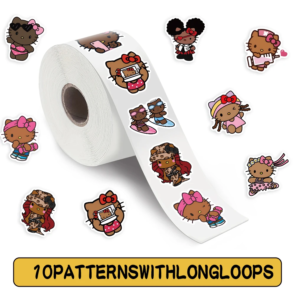 

500Pcs/Roll Cute Black Skin Hello Kitty Cartoon Sealing Sticker Creative Funny Roll Decal DIY Luggage Phone Guitar Cup Kid Toys