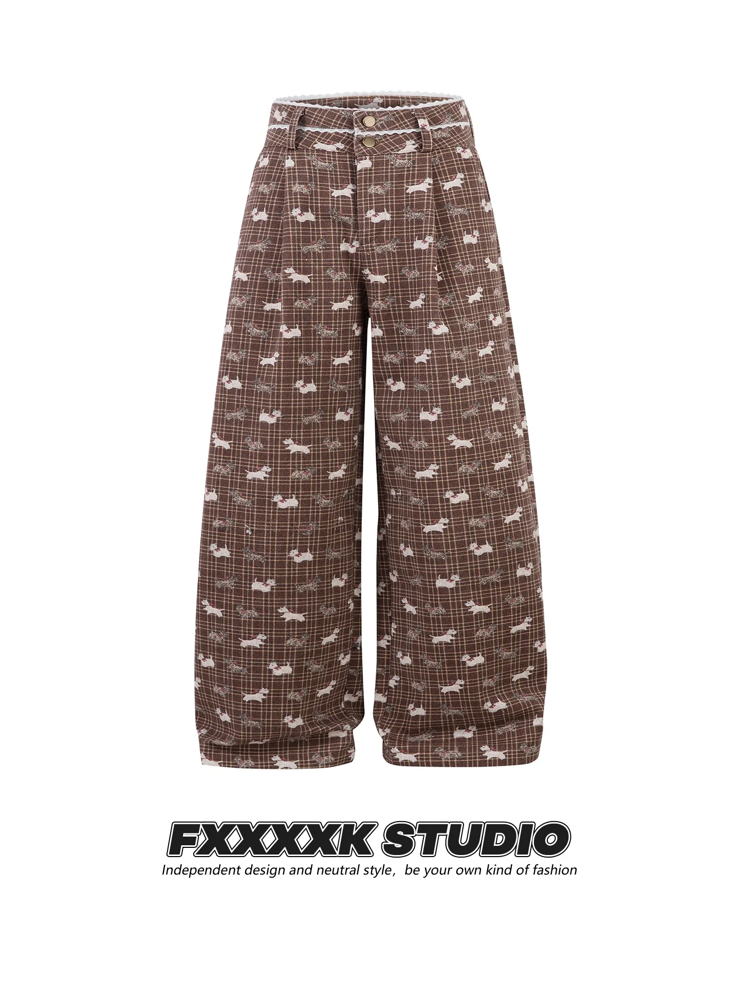 

Оригинальные повседневные брюки FXK с широкими штанинами, кружевными вставками и принтом собаки в стиле ретро, прямого кроя, в американском стиле, для женщин
