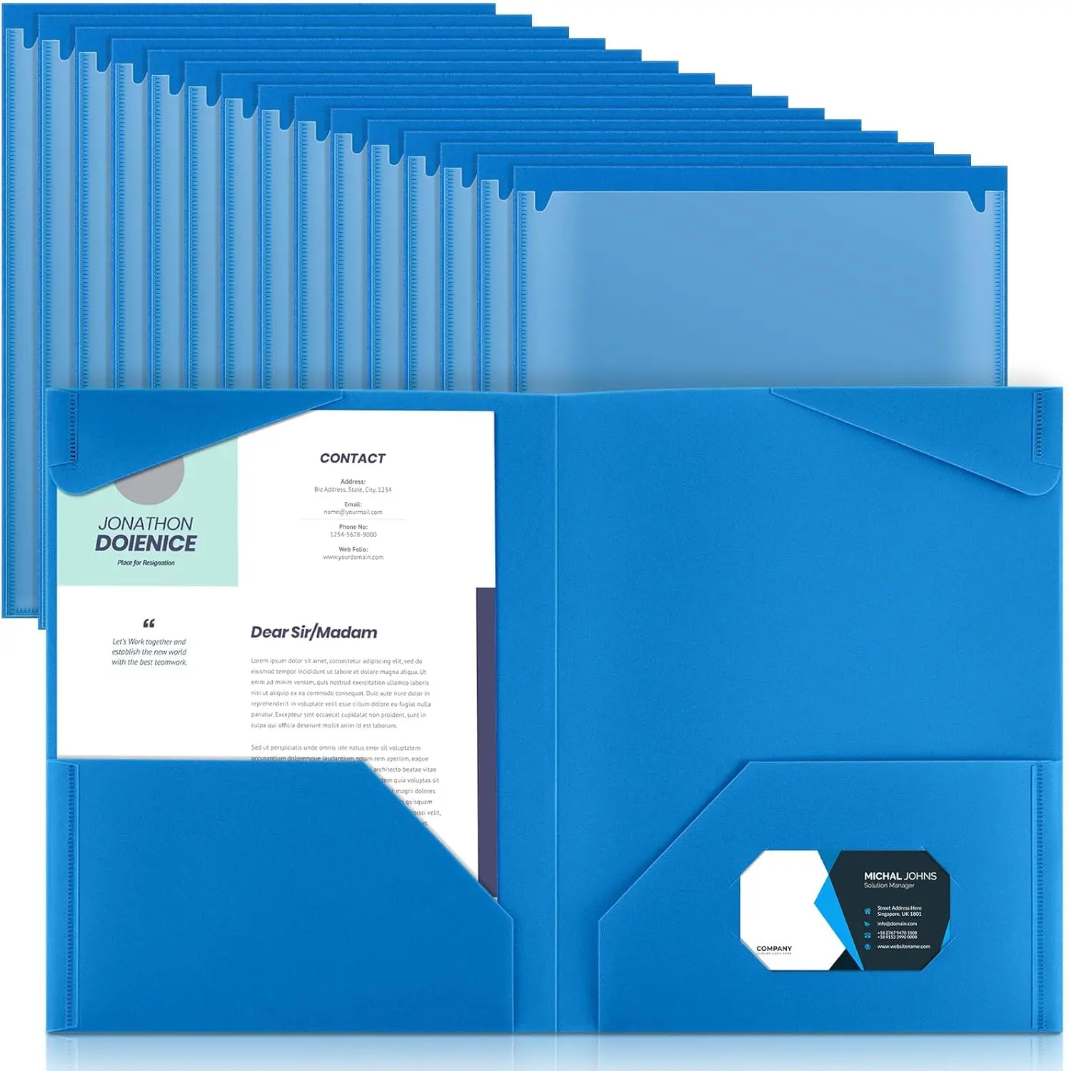 

36 Pcs Heavy Duty Plastic Folders with Clear Front Pockets, Card Slot for School Office Organization (Blue)