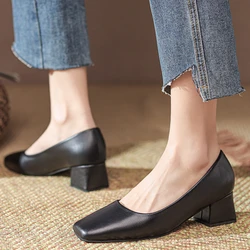 Heels Women 2025 Spring New Soft Leather Pumps Female Thick Block Heels Lady Sexy Square Toe Office Mom Shoes Zapatos De Mujer