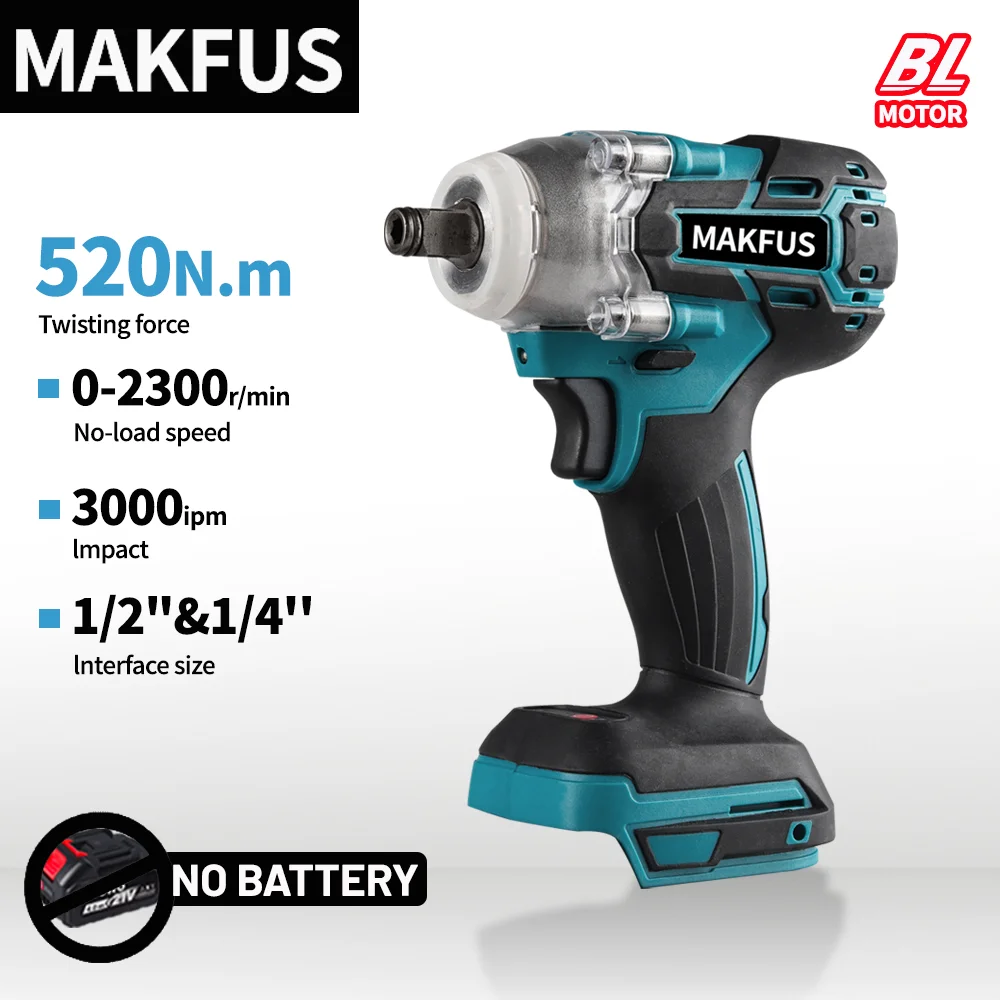 

Аккумуляторный электрический гайковерт MAKFUS 520 Н·м с высоким крутящим моментом, бесщеточный двигатель, 18 В, электроинструмент для обслуживания автомобилей