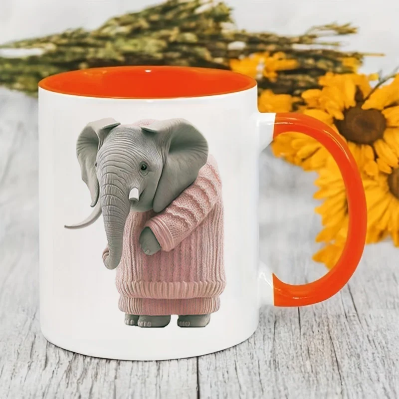 Cute Elephant In Pink Sweater Ceramic Coffee Mug, 11oz 350ml Colorful Print Mug, Personalized Custom Mug, Microwave Safe Cute Ae