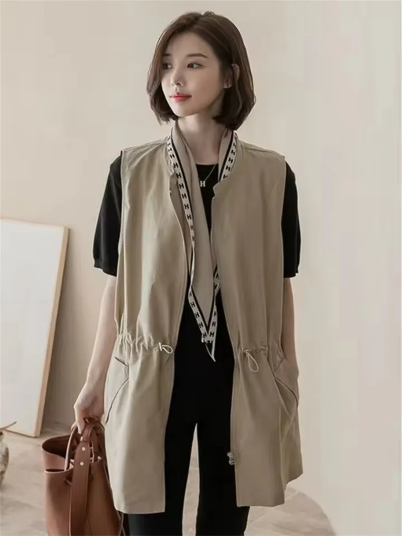 Casual Mid-length Vest Women's 2025 New Spring Autumn Drawstring Lace Up Versatile  Sleeveless Windbreaker Loose Tank Top