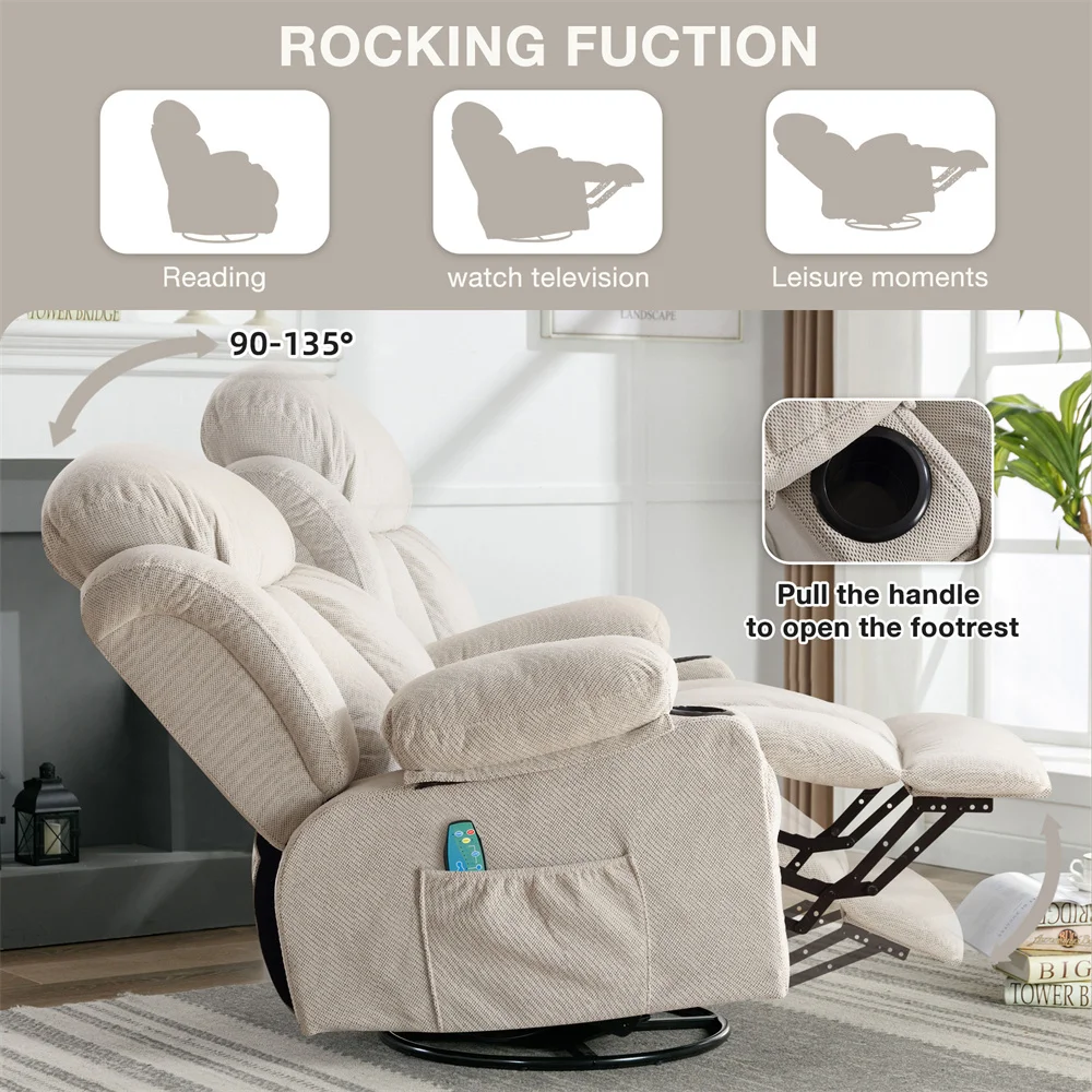 Manufacturer Velvet Fabric Manual Handle Reclining Wheel Chairs Functional Push Back Recliner Swivel Chairs With Massage Heat