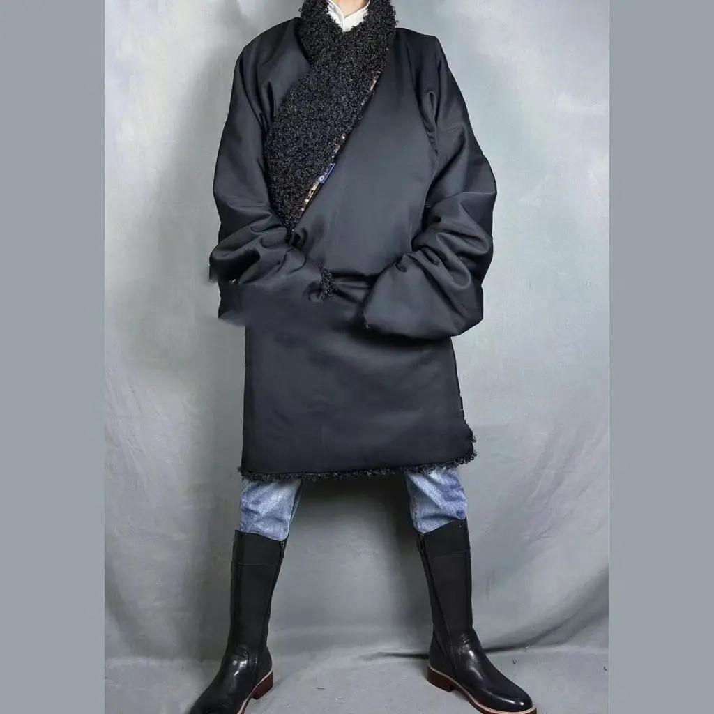 

Зимняя новая тибетская одежда, мужские костюмы, халат из утолщенной искусственной шерсти на флисовой подкладке, высококачественный традиционный популярный этнический стиль