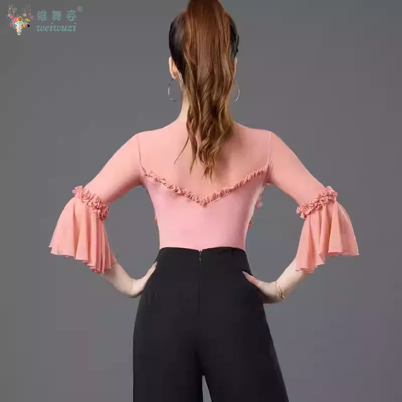 Latin Danskostuum Vrouwen Lange Mouwen Jumpsuit Top Ballroom Dans Cha Samba Rumba Competitie Kleding Praktijk Eendelige Slijtage