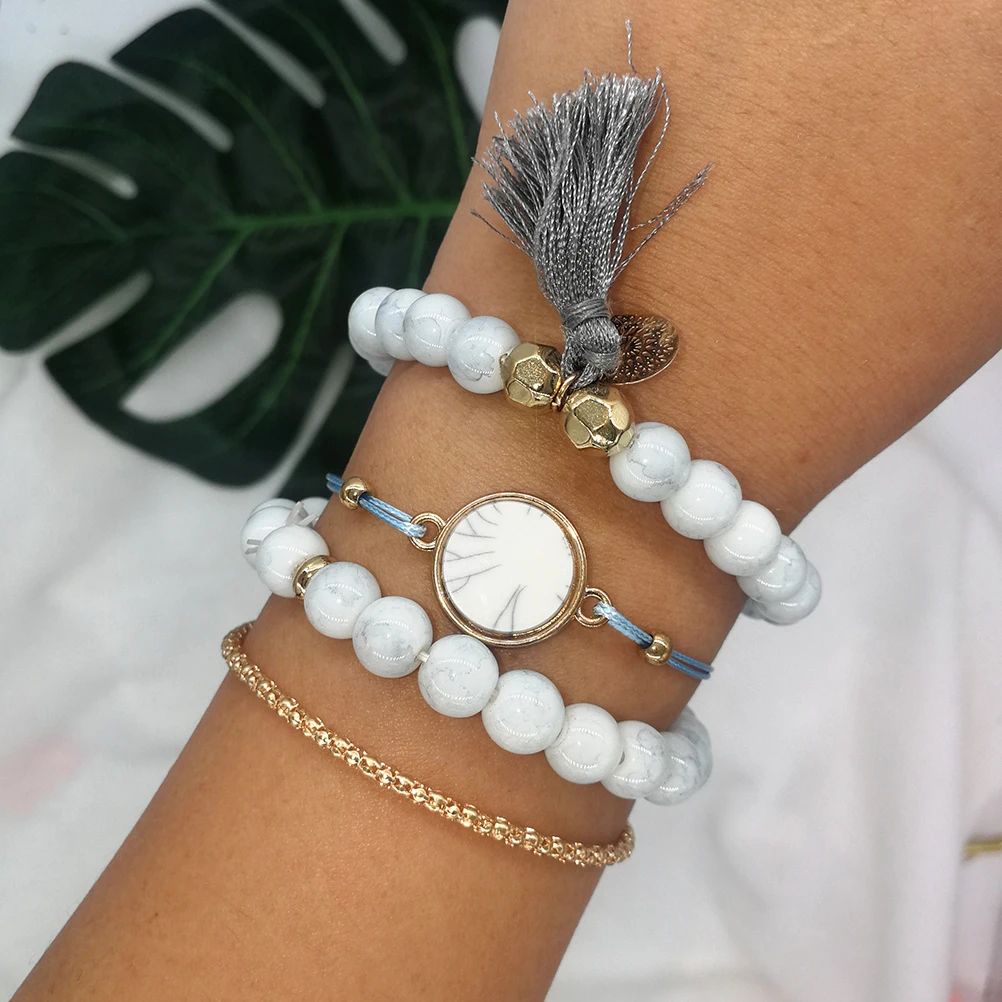 

4Pcs Marble Beads Bracelet Set Alloy Tassel Charm Chain Bangle Fashion Jewelry for Women Teens Daily Wear