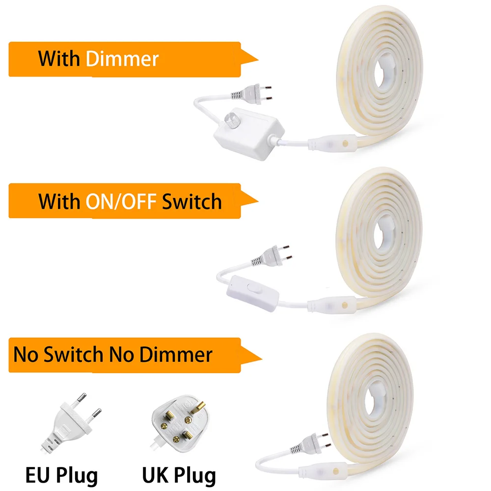 Imagem -02 - Cob Led Strip Neon Light com Interruptor Dimmer 220v 230v ue uk Power 240led Luzes de Fita Flexível Regulável Impermeável Iluminação Liner