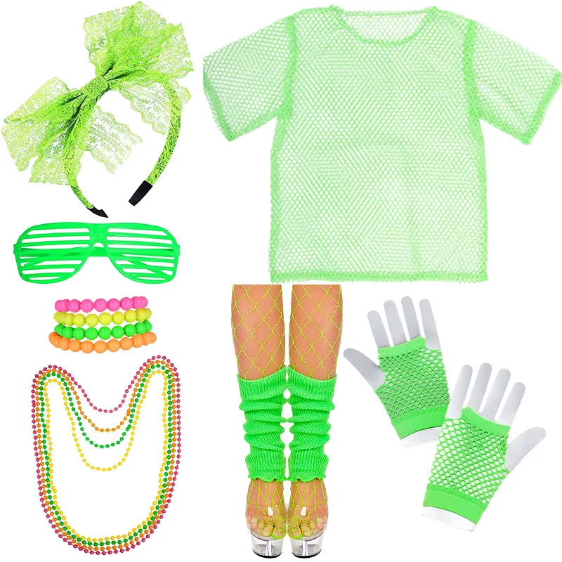 90er-Jahre-Outfit-Zubehör, 80er-Jahre-Cosplay-Kostüm-Zubehör-Set, typischer schulterfreier Netz-Hemd-Anzug für Bühnenauftritte