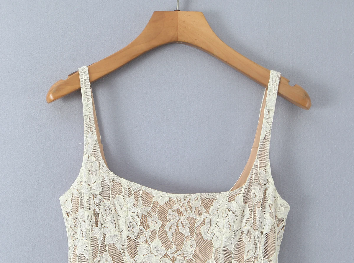 Sexy Beige Scava Fuori Maglia di Pizzo Sling Mini Abito da Donna Colletto a U Vita Bassa Increspato Altalena Abito di Sfera Abiti da Festa Abiti Robe