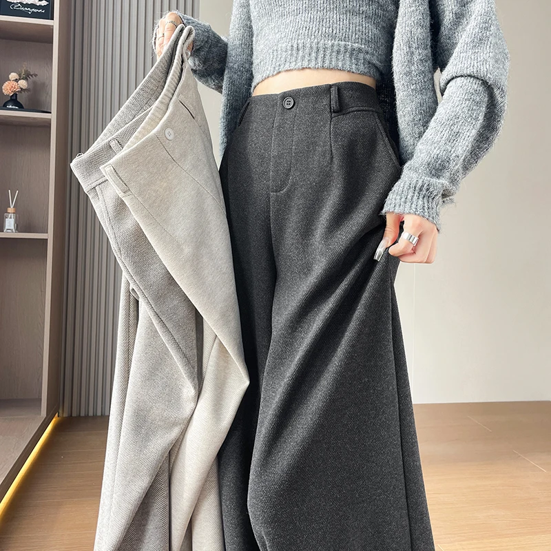 

Twill Wool Pants High Waist Wide Leg Suit Pants Women High Quality Luxury Fashion Trousers Autumn Winter Zip Up Pocket Pants