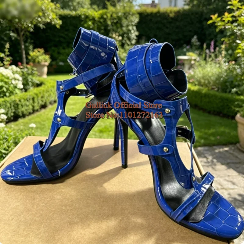 Royal Blue Patent Leather High Heel Sandals Women Pointed Open Toe Cutout Ankle Wrap Stiletto Heels Nightclub Party Shoes view 6