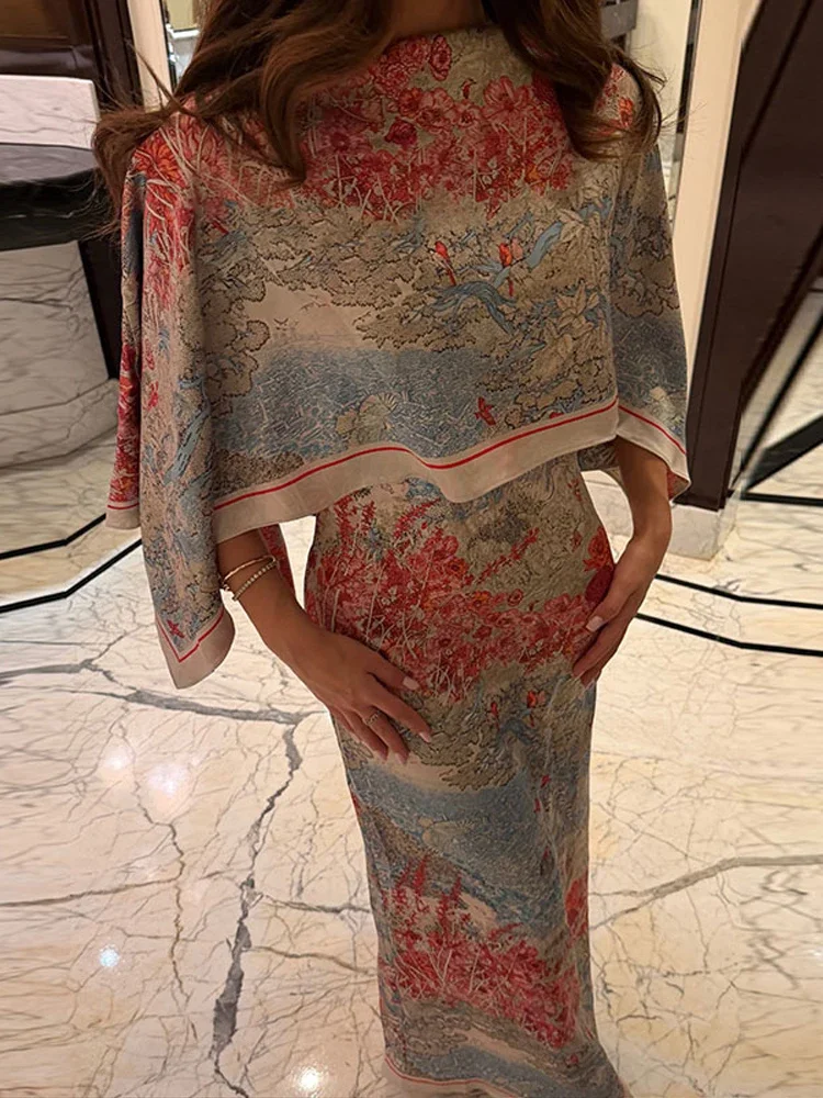 2026 Summer Autumn Elegant Printed Women's Dress Shawl Style Stand Collar Waist-Closed Lady Long Dresses Vacation Robe New