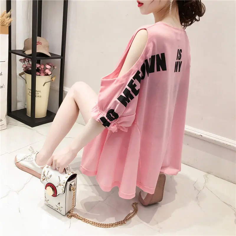 Women Clothing Summer New Off Shoulder Loose T Shirts Short Sleeve Solid Letter Printing Hollow Out Tops Tees Fashion Casual