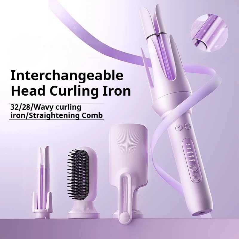 

4 in 1 Automatic Curling Iron Set with Interchangeable Heads and Straightening Brush 100 Million Negative Ions for Women