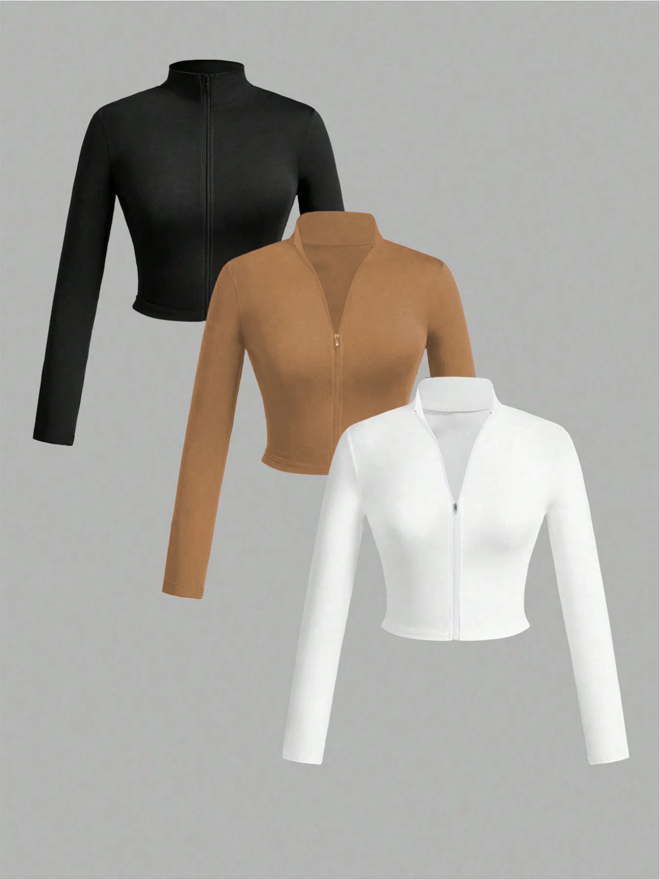 

Женская однотонная куртка с воротником-стойкой и длинными рукавами, повседневный и удобный кардиган на молнии, комплект из трех предметов