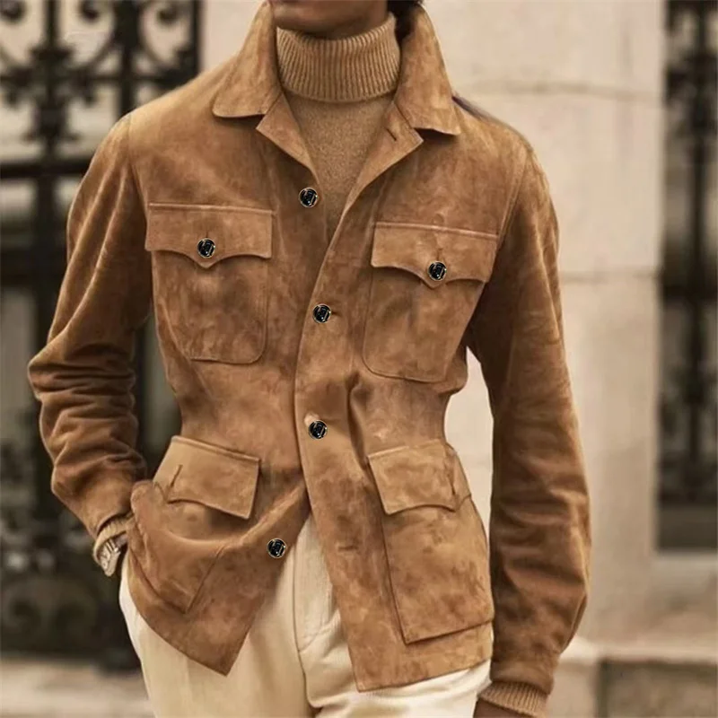 

Brown Suede Safari Jackets For Man 4 Buckled Flap Pockets Vintage Hunting Men's Coat Elegant Workwear Korean Popular Clothes Men