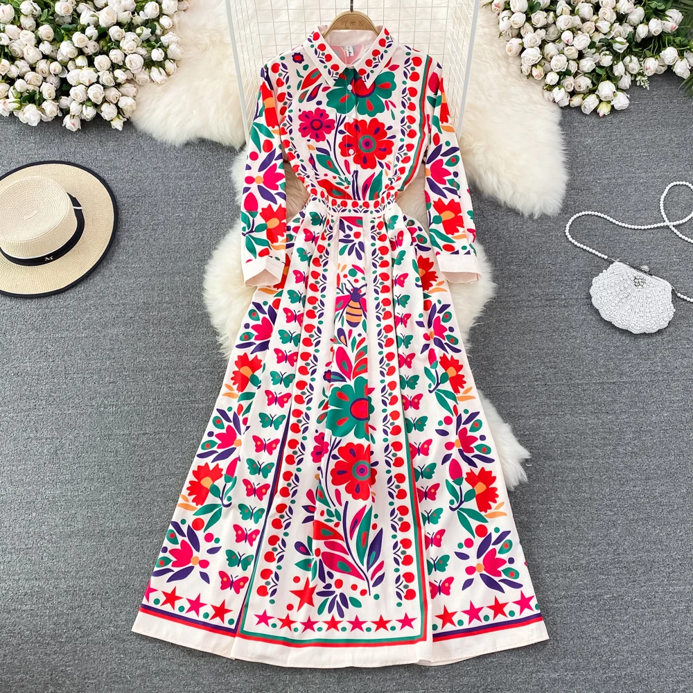 Bohemian Vacation Style A-Line Dress Vintage Court Collar Waist Cinching Slim Print Full Skirt Long Dress  Collar High Wa...