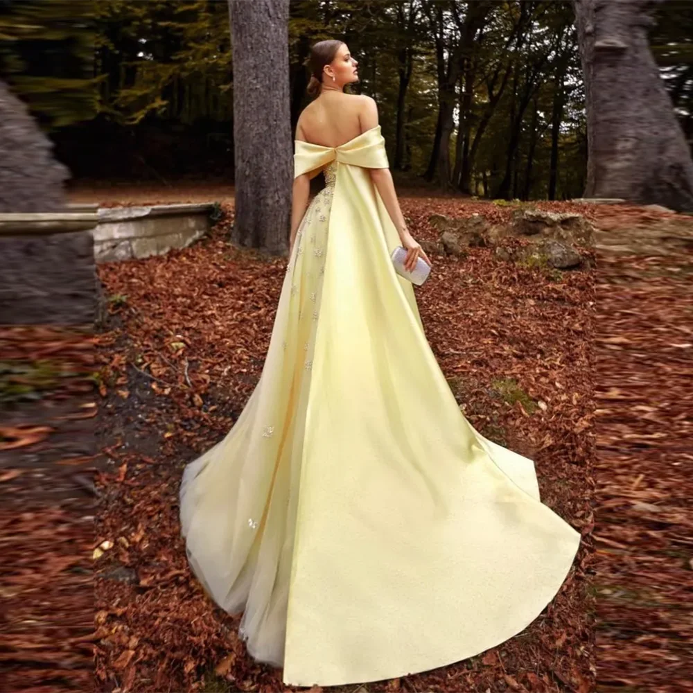 Sharon Said Luxuriöses gelbes Satin-Abendkleid aus Dubai mit Cape, schulterfrei, für arabische Frauen, Hochzeitsfeierkleider SS455, maßgeschneidert – Detail 6
