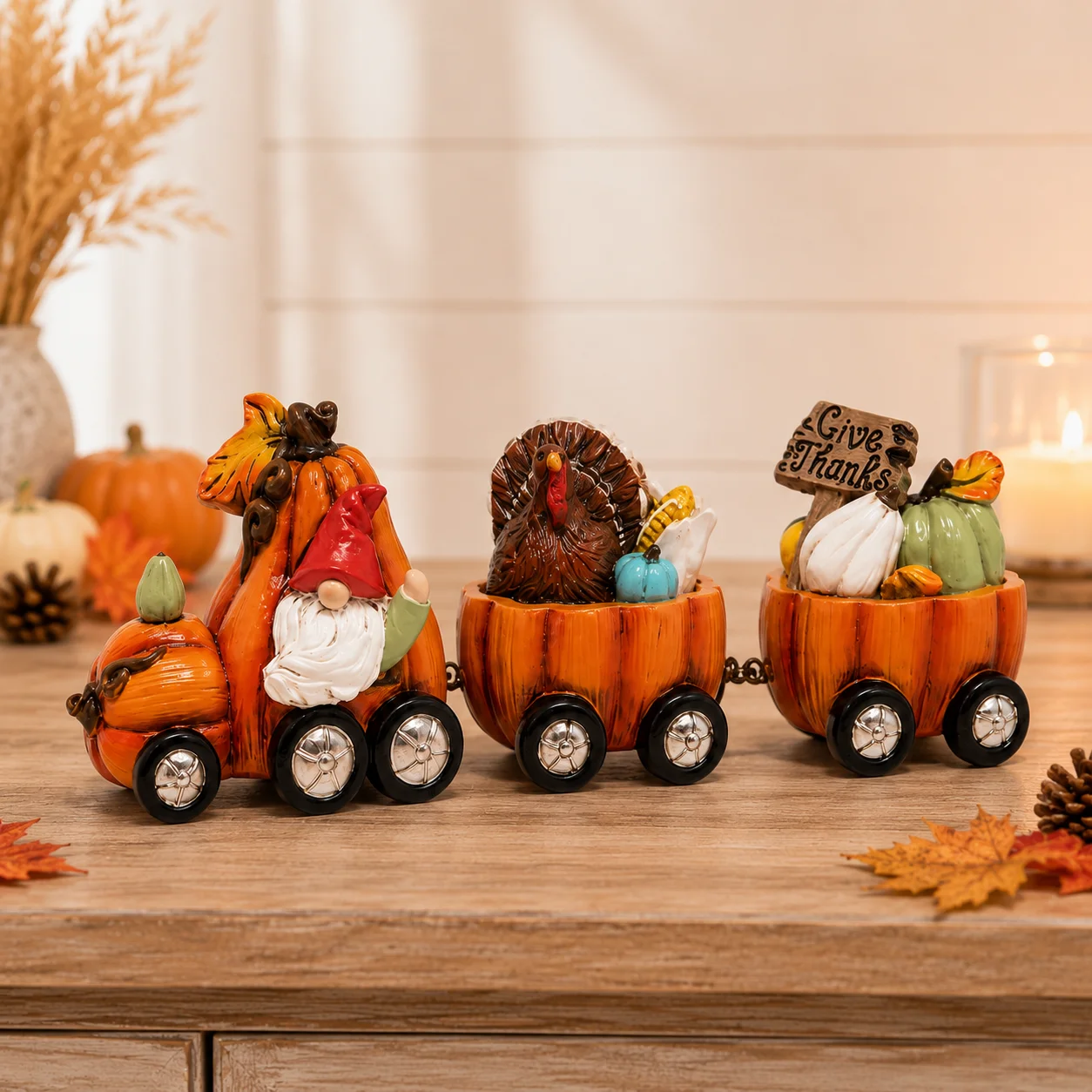 Hodao Resin Thanksgiving Pumpkin Train Figure, 3-Car Fall Harvest Decor with Gnome, Turkey, Corn, Pumpkins & Give Thanks Sign, 7.8