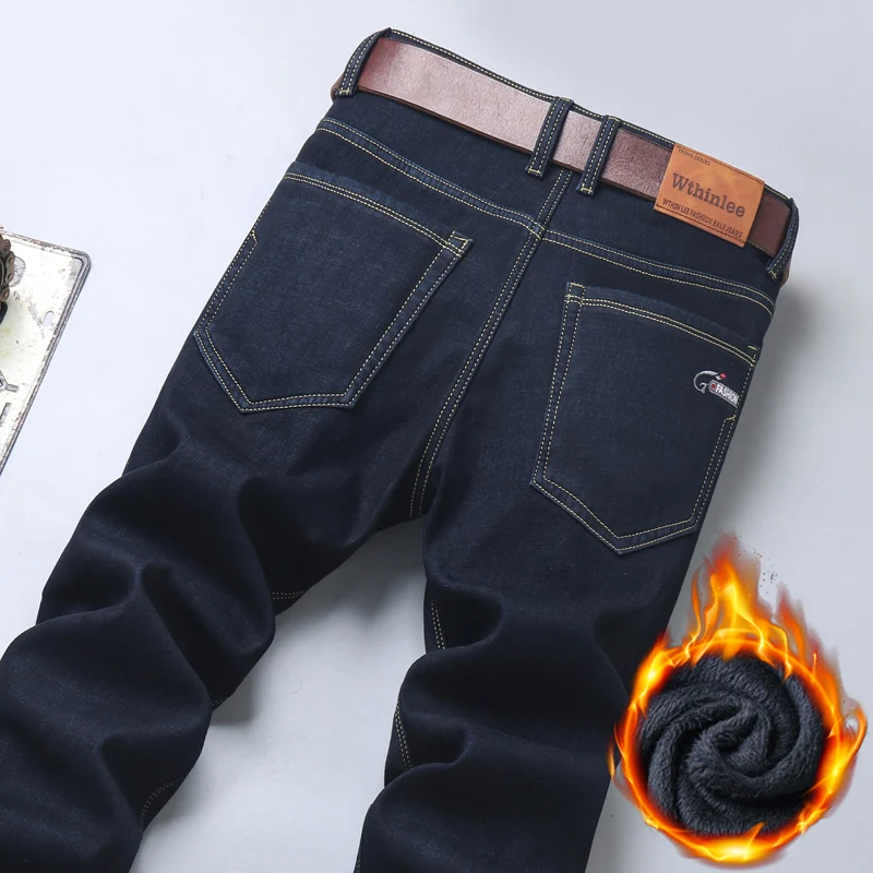 Men's Winter Fleece Warm Straight Business Fashion Jeans Stretch Thermal Warm Flannel Work Denim Trousers Male Brand Clothing