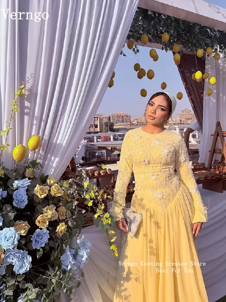 Verngo Luxuriöses, errötendes, gelbes Chiffon-Abschlussballkleid mit O-Ausschnitt und langen Ärmeln, Partykleider für Damen, anmutiges Abschlussballkleid, individuell gestaltet
