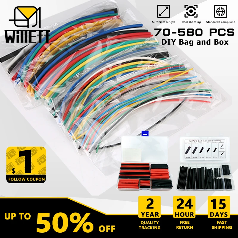 

70-580pcs Heat-shrink Tubing Thermoresistant Tube Heat Shrink Wrapping Kit Electrical Connection Wire Cable Insulation Sleeving