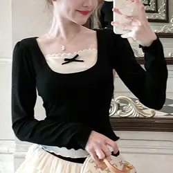 Sweet Stylish Lace Bow Pullovers Spring Autumn Slim Spliced Women's Clothing Square Collar Long Sleeve All-match Short T-shirt