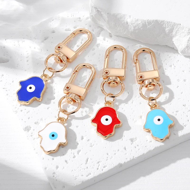 Turkish Eye Hamsa Hand Keychain Women Enamel Simple Fatima Hand Blue Evil Eye Bag Car Airpods Box Key Ring Small Charm Jewelry