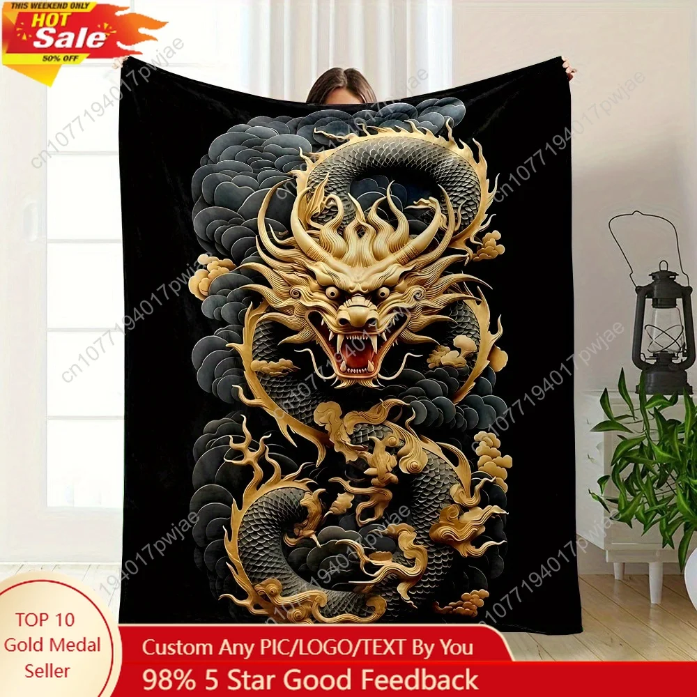 

Cozy Flannel Throw Blanket with 3D Chinese Dragon Design - Soft ReversibleWarm for Couch Bed Camping - Easy Care Machi