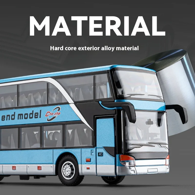 Bus à Impériale 1/50 En Alliage – Modèle Die-cast Avec Sons, Lumière Clignotante Et Traction Arrière – Bleu – Jouet Simulation Pour Enfant Dès 6 Ans