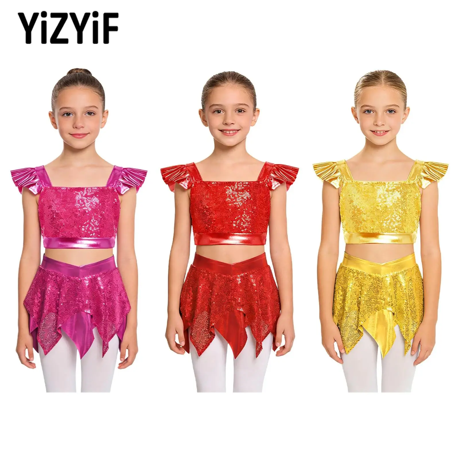 

Kids Sparkle Sequin Dance Costume Square Neck Ruffle Sleeve Crop Top & Asymmetric Skirt Set for Stage Performance