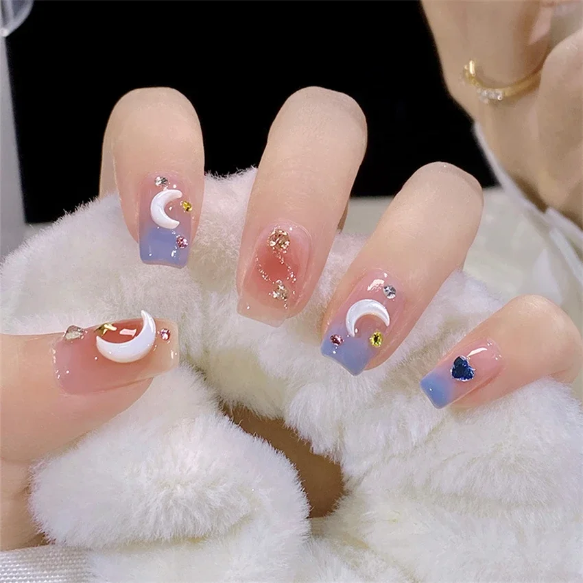 24Pcs/Se French White Peach Wearing False Nails Gradient Love Heart Adhesive Acrylic Press On Nail Removable Fake Nail Tips