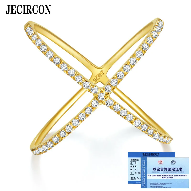 

JECIRCON 18K Gold Ring for Women Niche Design INS Style Cross X Full Diamond D Color VVS Moissanite Row Ring 925 Sterling Silver