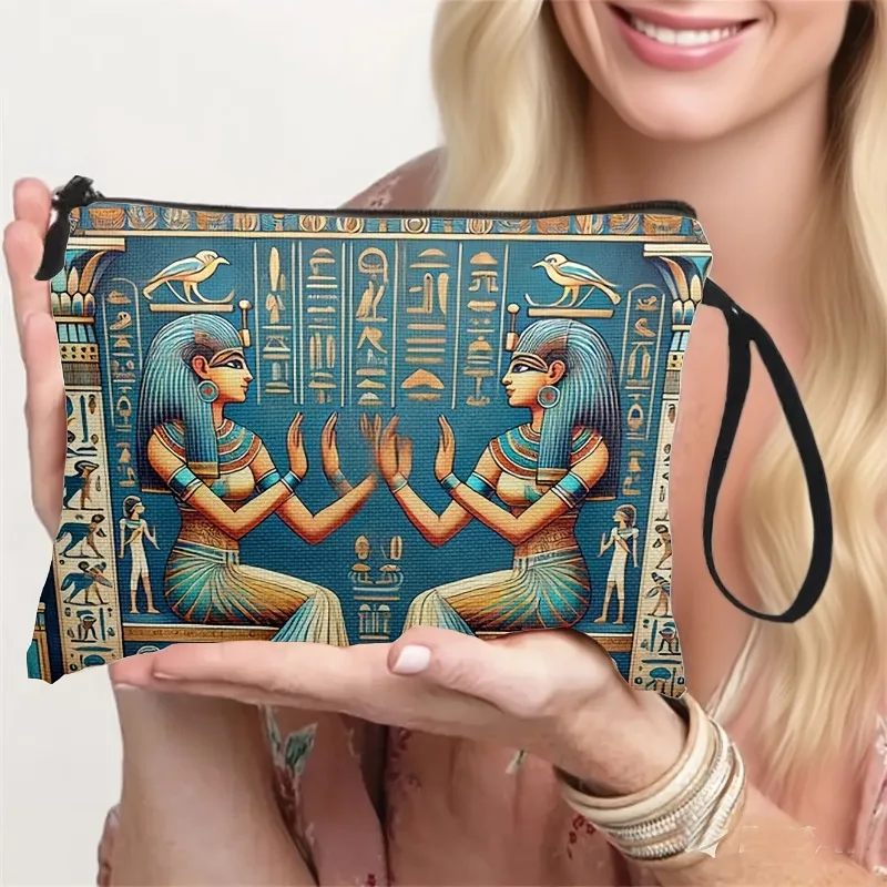 Egyptian Pharaoh Mural Double-Sided Printed Makeup Bag, Lightweight Travel Toiletry Pouch, Zippered Clutch, Wristlet Souvenir Ba
