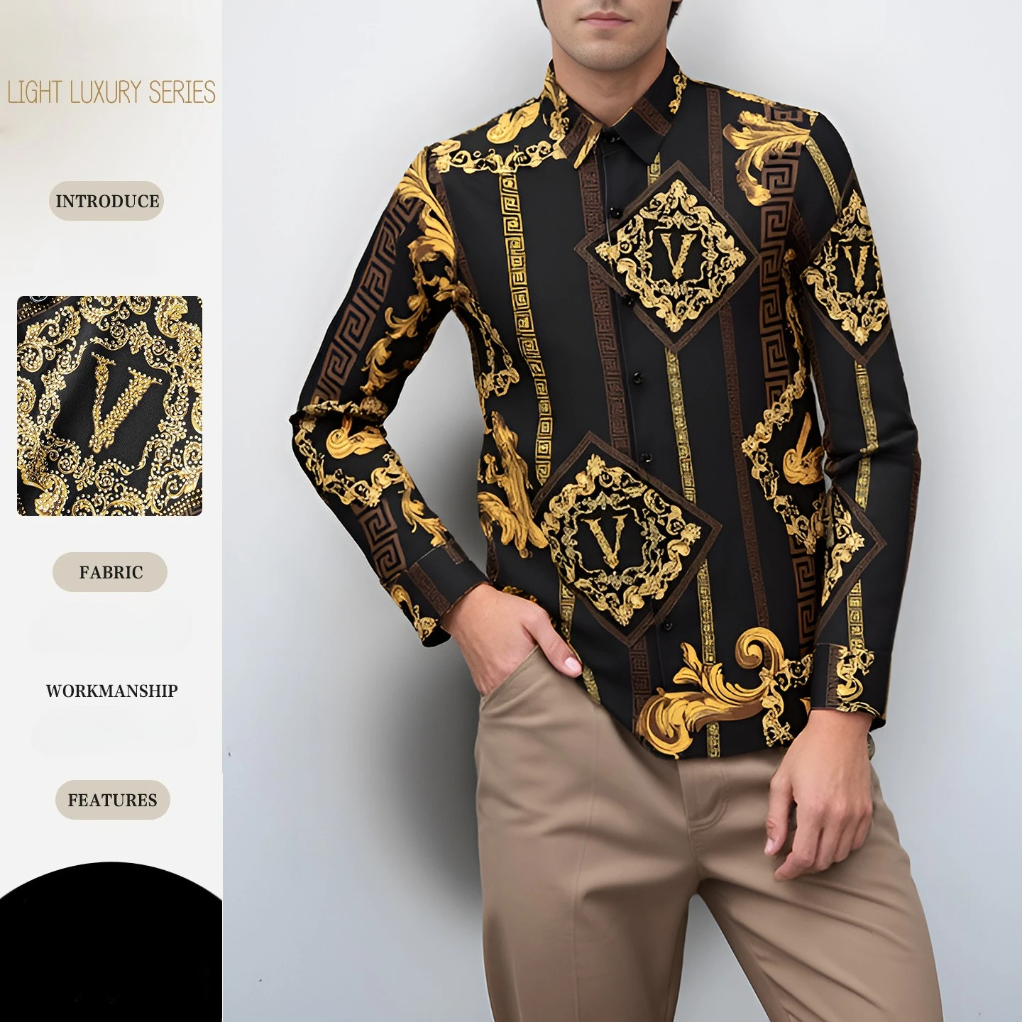 

Luxury Retro Rhinestone Printed Long Sleeved Shirt Men Non Ironing Casual Business Social Shirt Banquet Party Star Stage Shirts