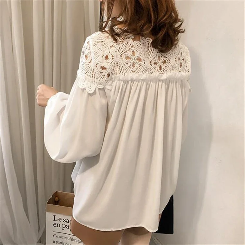 Women Chiffon Blouse Tops Spring Autumn Loose White Lace Blouses Female Long Sleeve Shirt Hollow Long Sleeve Shirt Plus Size