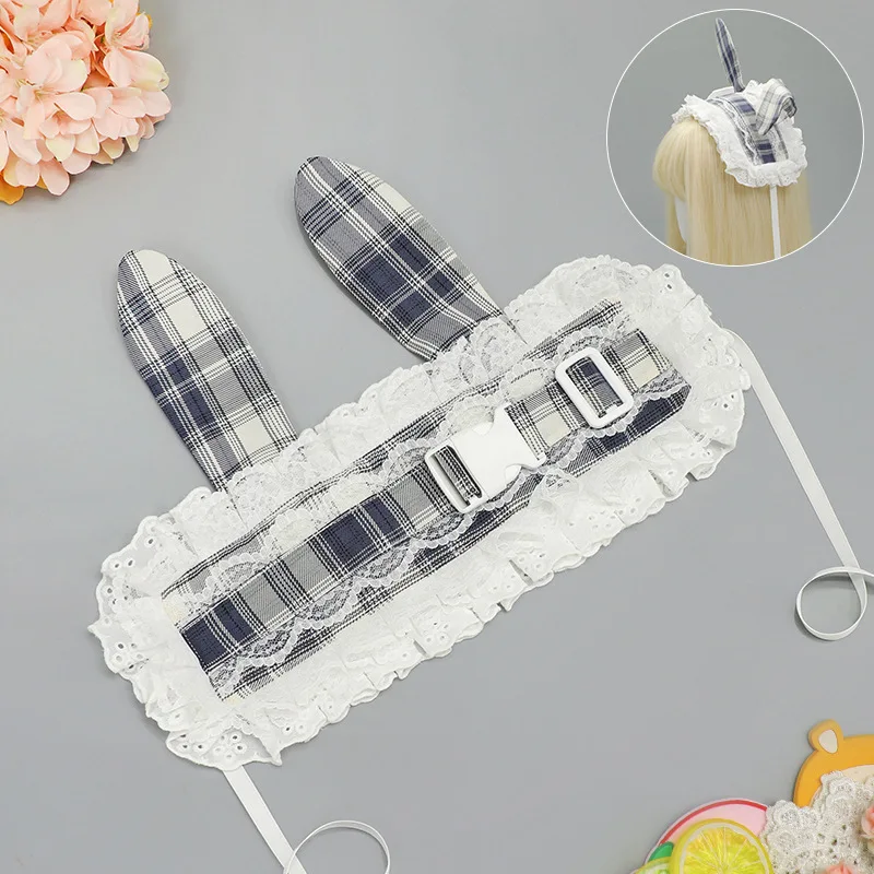 체크 패턴 토끼 귀 코스프레 헤드웨어 로리타 소녀 러플 레이스 조절 가능한 고양이 귀 머리띠 코믹콘 무대 의상 액세서리