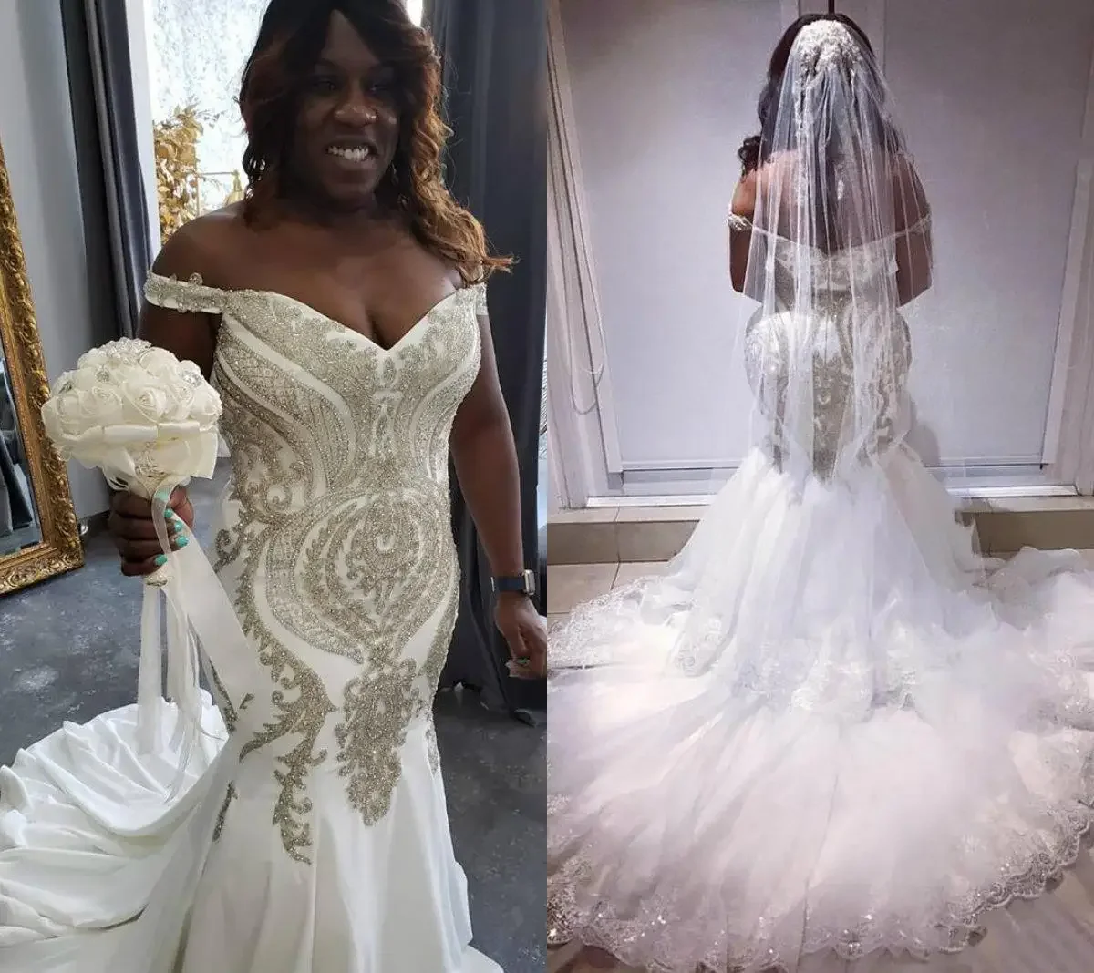 

Customized Plus Size African Mermaid Wedding Dresses Off Shoulder Shiny Lace Applique Beaded Trumpet Bridal Dress Wear Robe De