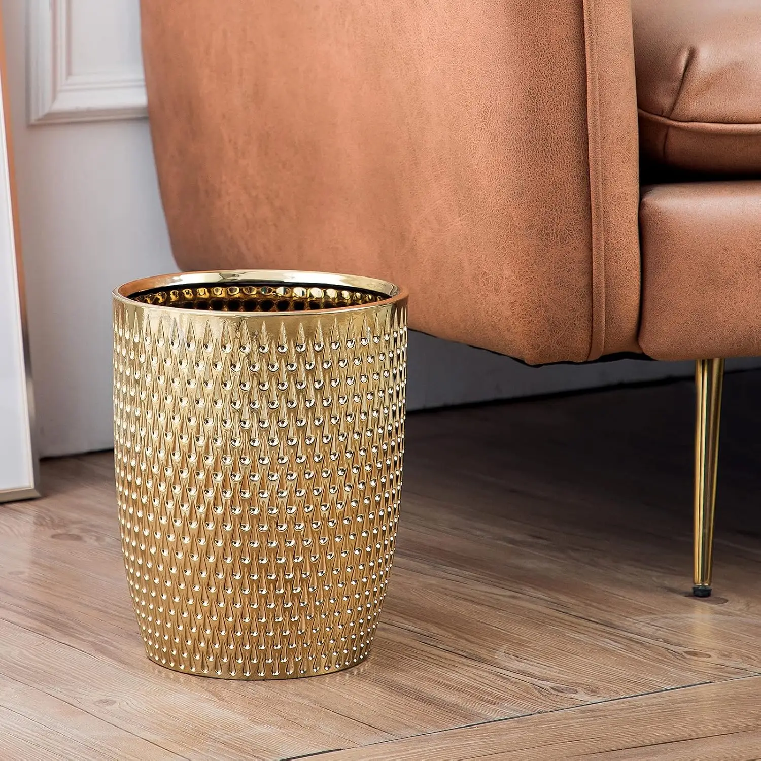 

Modern Golden Small Trash Can Wastebasket, Garbage Container Bin For Bathrooms, Powder Rooms, Kitchens, Home Offices - Durable