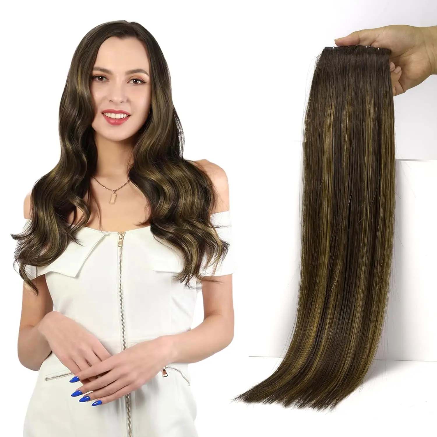 バレイヤージュテープ式ヘアエクステンション人毛ダークブラウン～チェストナットブラウン25g-枚本物のナチュラルバージンヘアストレートスキンウェフト