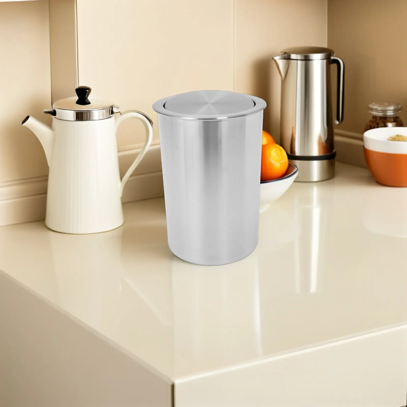 1Set Embedded Trash Can Stainless Steel Countertop Kitchen Garbage Bin Swing Lid Silent Built-in Wastebasket Bathroom Trash Can
